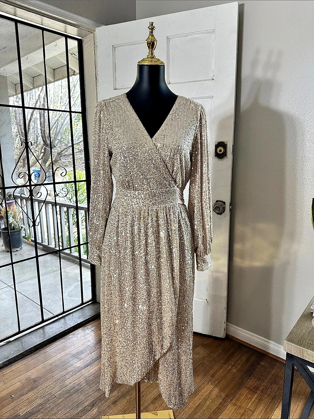 Sequin Wrap Midi Dress in champagne Gold Like New
